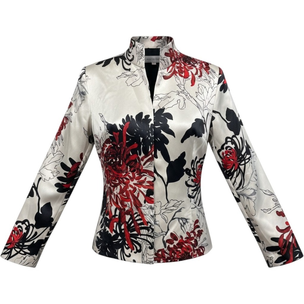 Elyse Hart Ltd Floral Chrysanthemum Satin Open Front Jacket Red Black Cream L